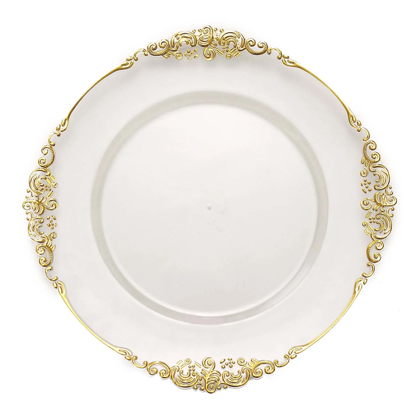 6 Pack of Clear 13 Inch Round Charger Plates with Gold Embossed Baroque Rim Design#whtbkgd
