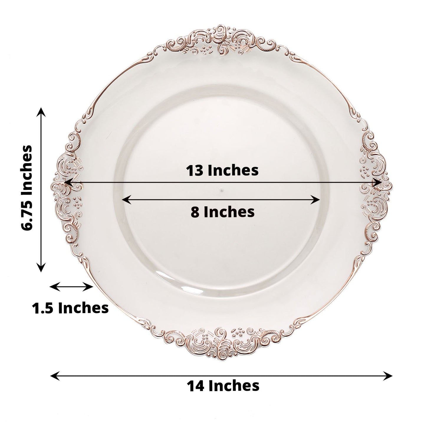 6 Pack 13 Inch Charger Plates With Clear Rose Gold Embossed Baroque And Antique Rim