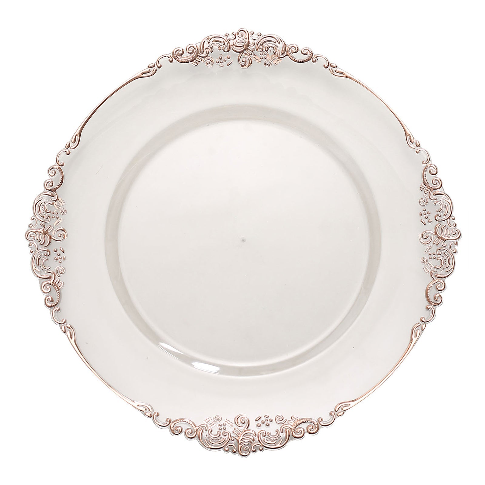 Clear Rose Gold Charger Plates 6 Pack Of 13 Inch With Embossed Baroque And Antique Rim Design#whtbkgd