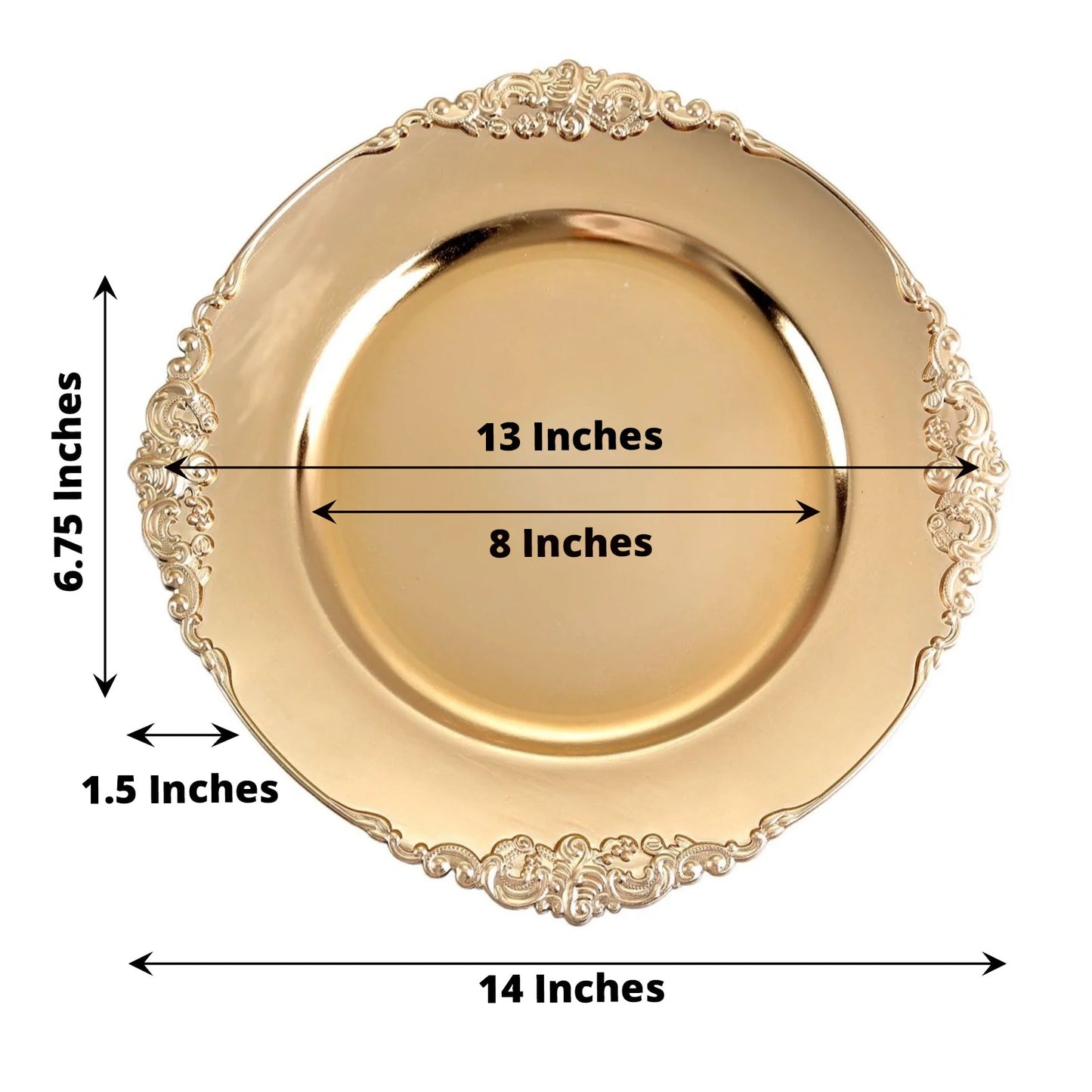 6 Pack | 13inch Gold Embossed Baroque Round Charger Plates With Antique Design Rim