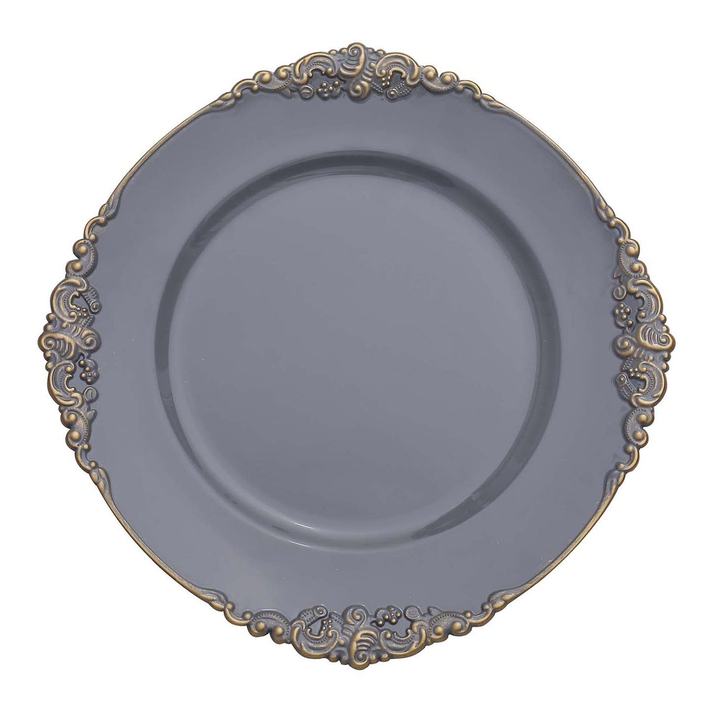 10 Inch Size Charcoal Gray Color Gold Leaf Embossed Rim Round Plates#whtbkgd