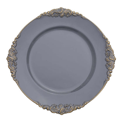 10 Inch Size Charcoal Gray Color Gold Leaf Embossed Rim Round Plates#whtbkgd