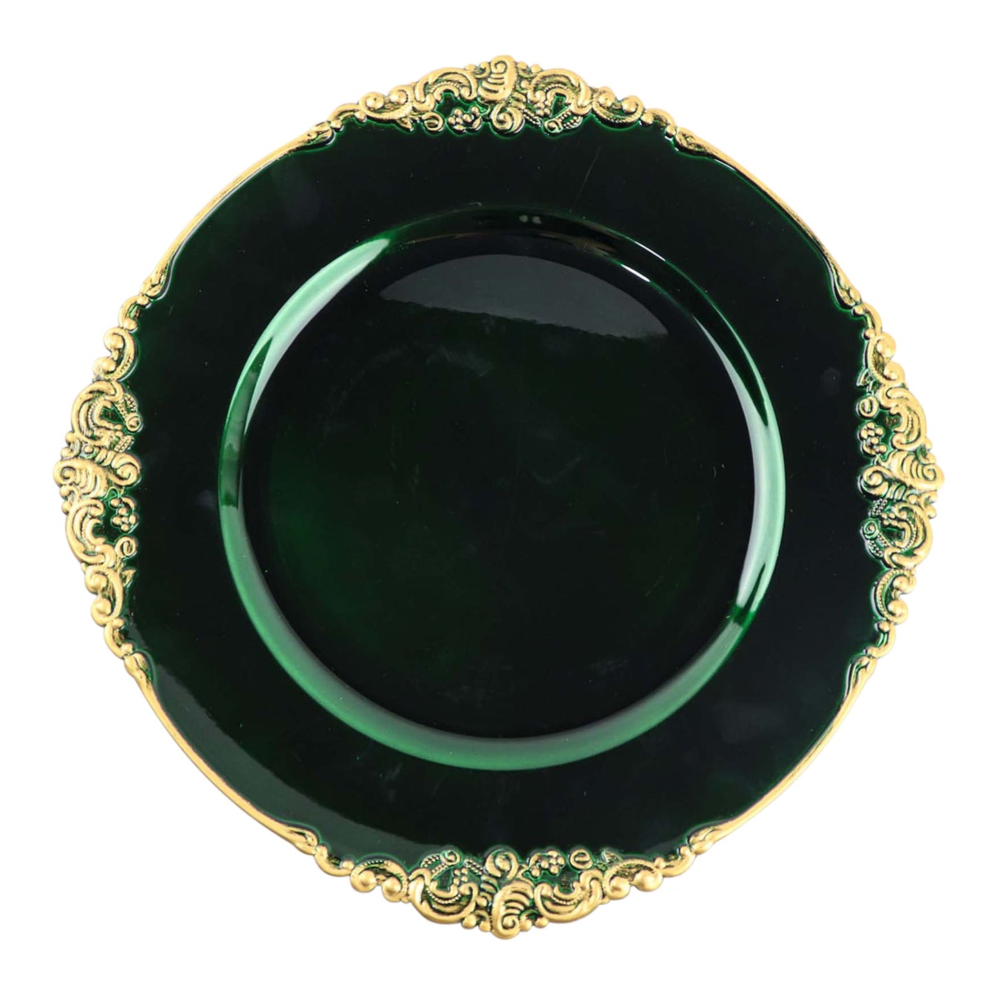 Gold Embossed Round Baroque Style 13 Inch Hunter Emerald Green Antique Design Rim Charger Plates 6 Pack#whtbkgd