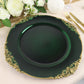 13 Inch Antique Design Rim Charger Plates Round Baroque Style Hunter Emerald Green Gold Embossed Pack of 6