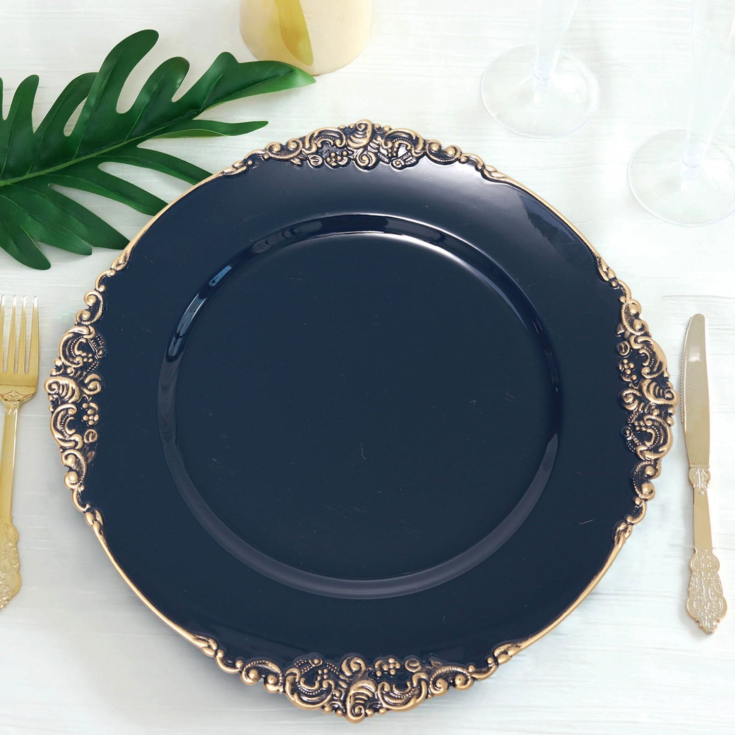 6 Pack | 13" Navy Blue Gold Embossed Baroque Round Charger Plates With Antique Design Rim