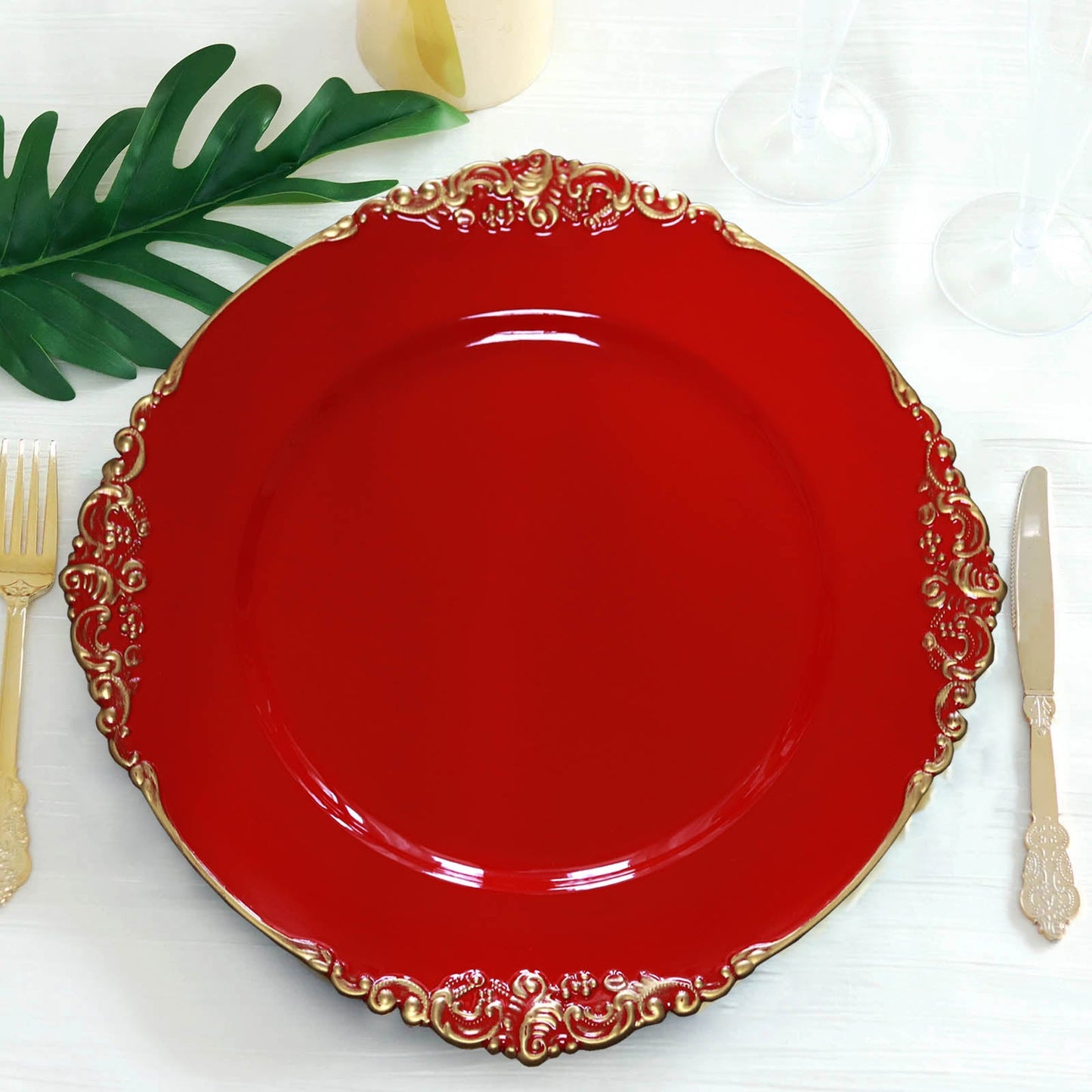 6 Pack | 13" Red Gold Embossed Baroque Round Charger Plates With Antique Design Rim