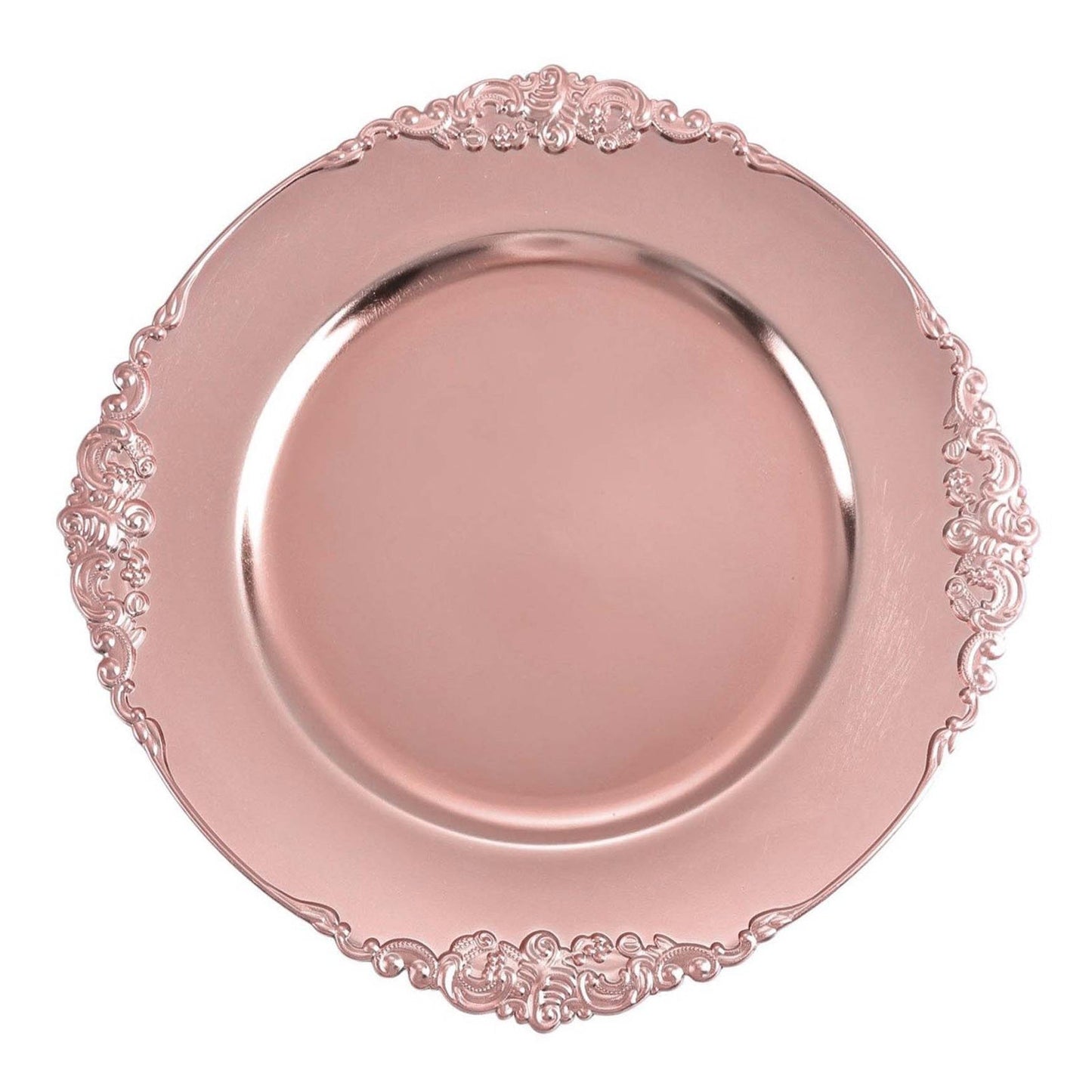 6 Pack | 13inch Rose Gold Embossed Baroque Round Charger Plates With Antique Design Rim#whtbkgd