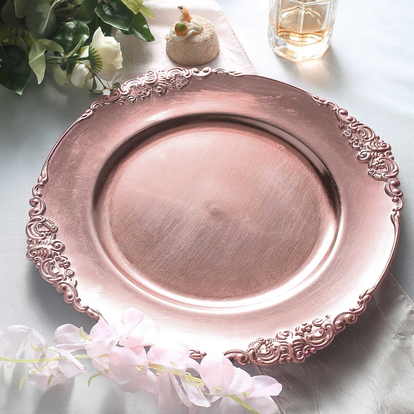 6 Pack | 13inch Rose Gold Embossed Baroque Round Charger Plates With Antique Design Rim