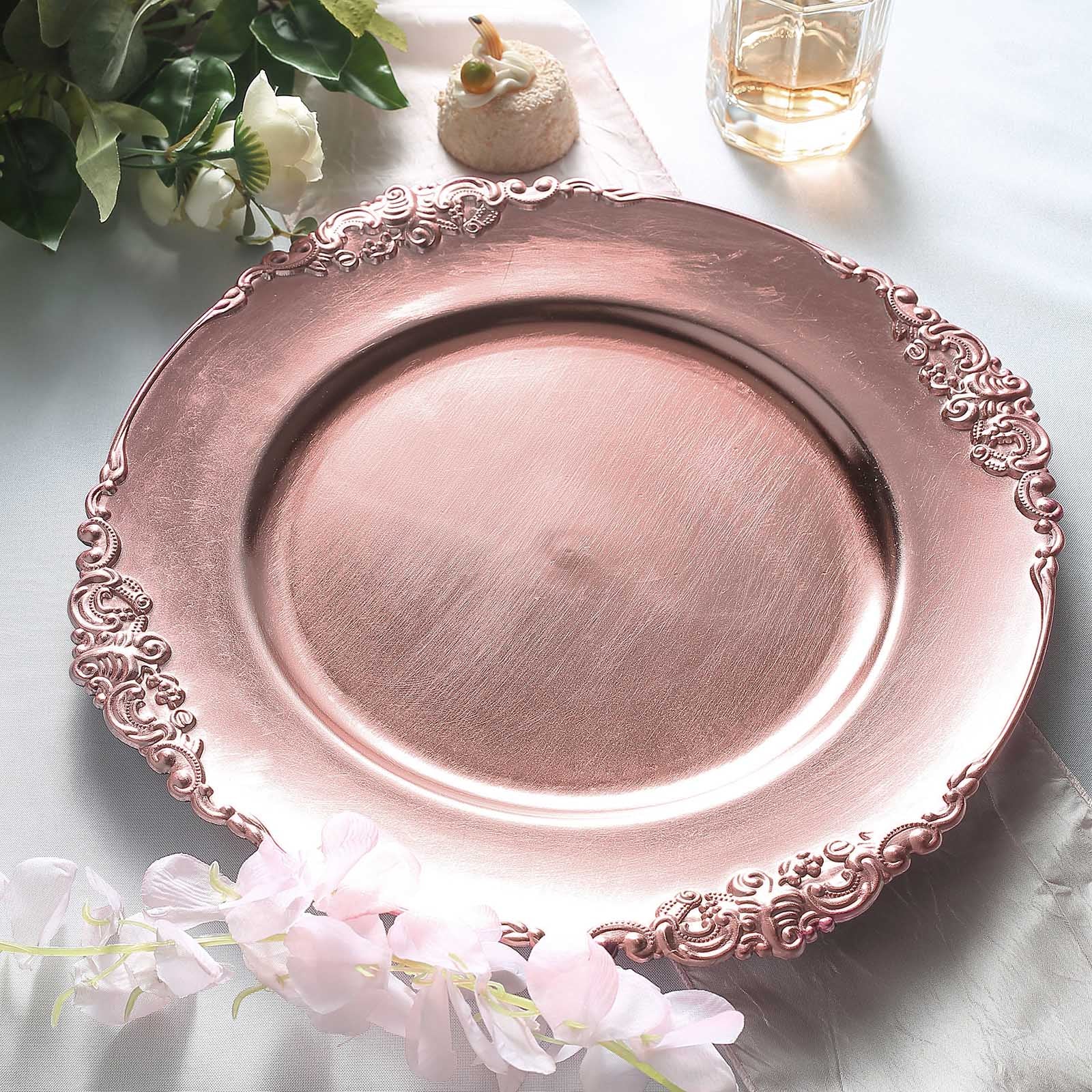 6 Pack | 13inch Rose Gold Embossed Baroque Round Charger Plates With Antique Design Rim