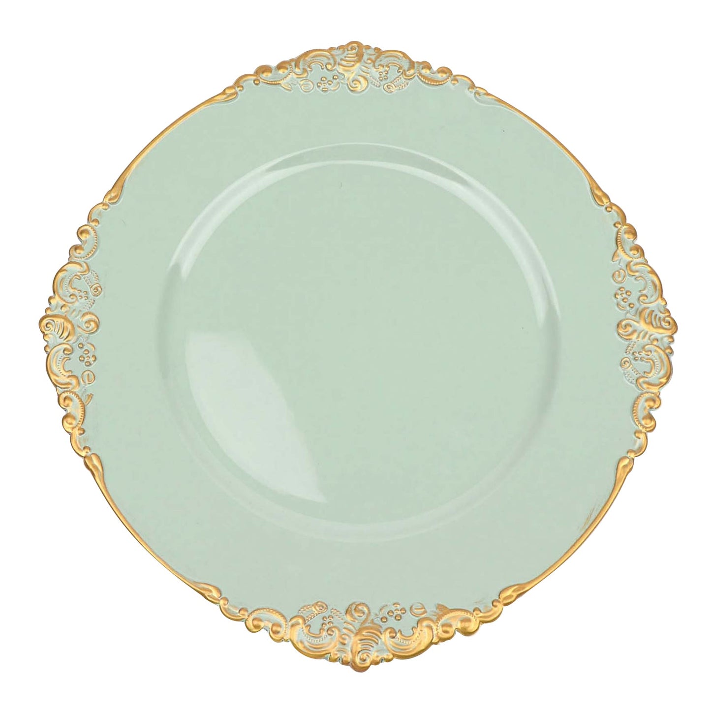 13 Inch Sage Green Round Charger Plates 6 Pack Antique Rim Design With Gold Embossing#whtbkgd