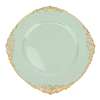 13 Inch Sage Green Round Charger Plates 6 Pack Antique Rim Design With Gold Embossing#whtbkgd