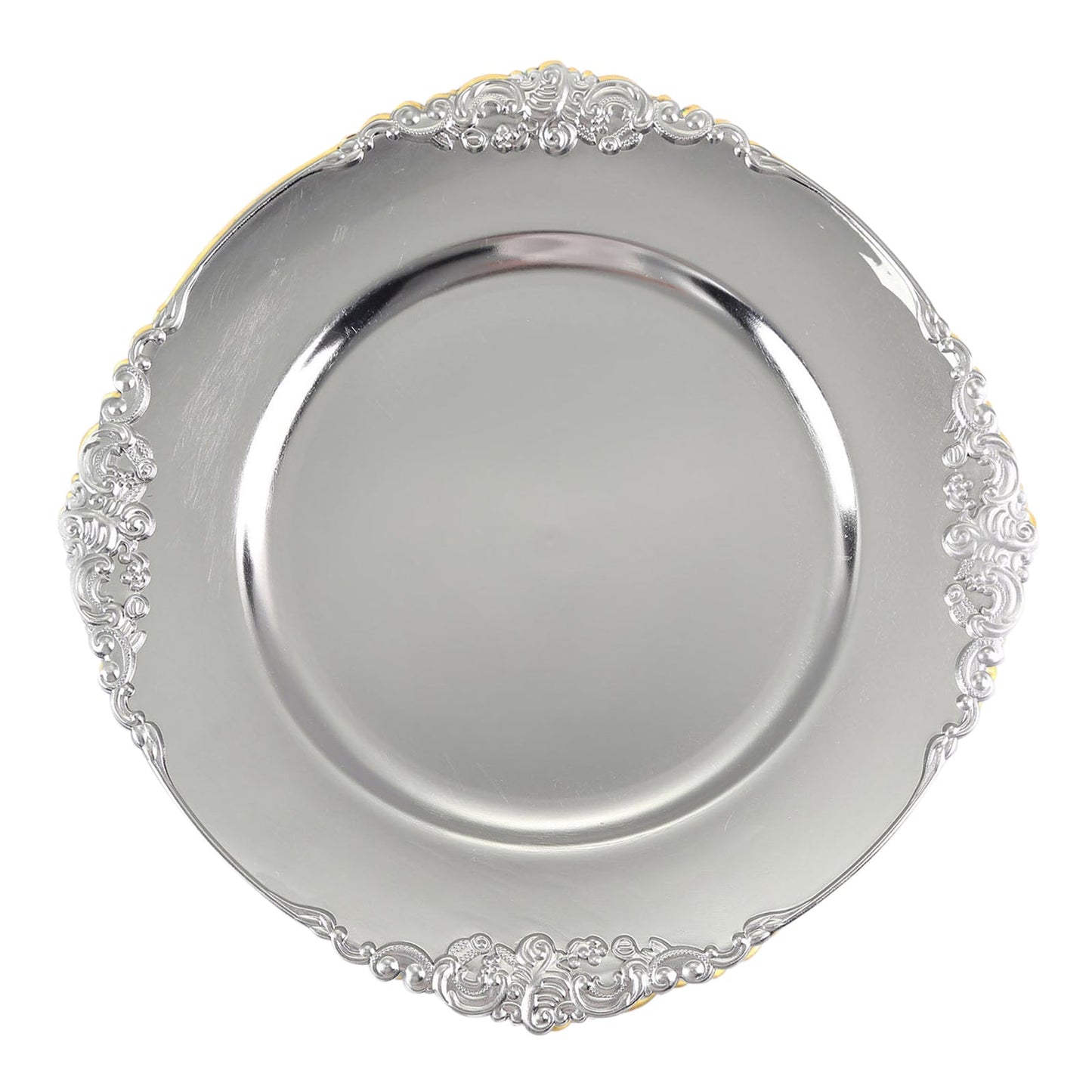 6 Pack | 13inch Silver Embossed Baroque Round Charger Plates With Antique Design Rim#whtbkgd