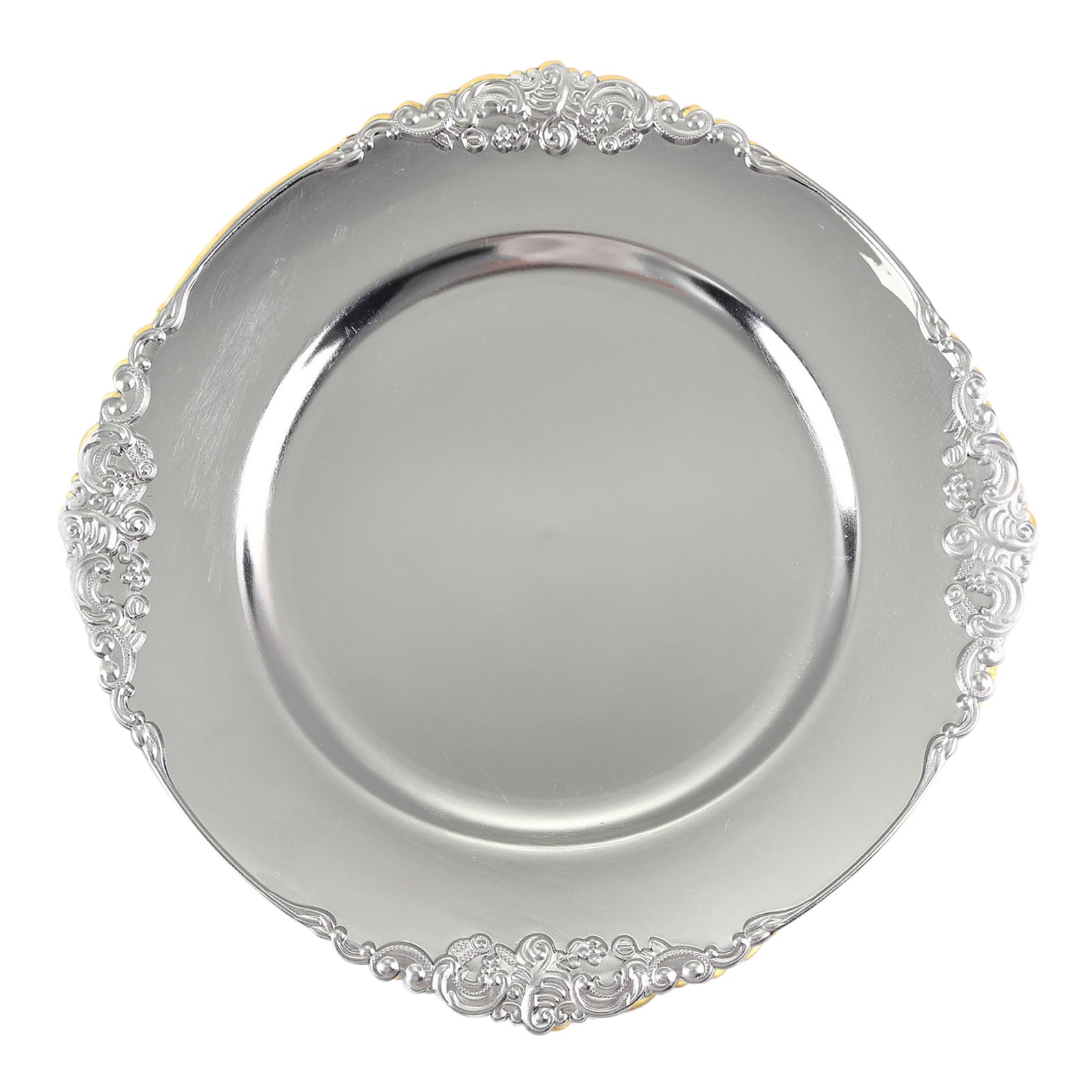 6 Pack | 13inch Silver Embossed Baroque Round Charger Plates With Antique Design Rim#whtbkgd