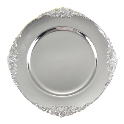 6 Pack | 13inch Silver Embossed Baroque Round Charger Plates With Antique Design Rim#whtbkgd