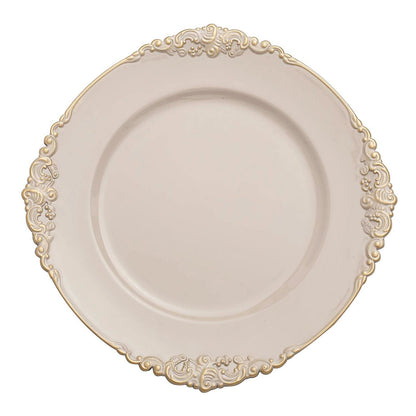 Nude Taupe Acrylic Charger Plates With Embossed Gold Rim 13 Inch Size 6 Pack#whtbkgd