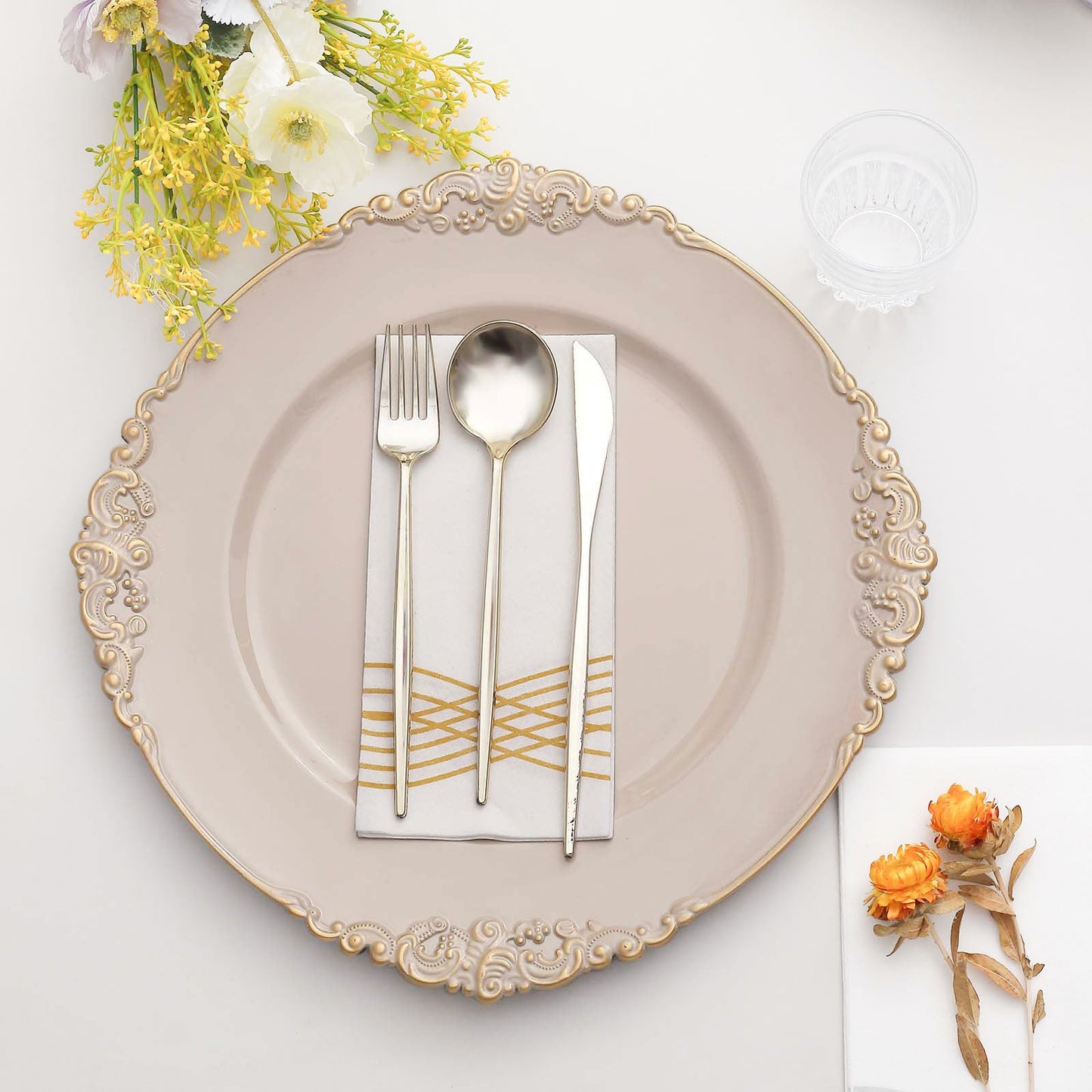 13 Inch Size Nude Taupe Acrylic Charger Plates With Gold Embossed Rim
