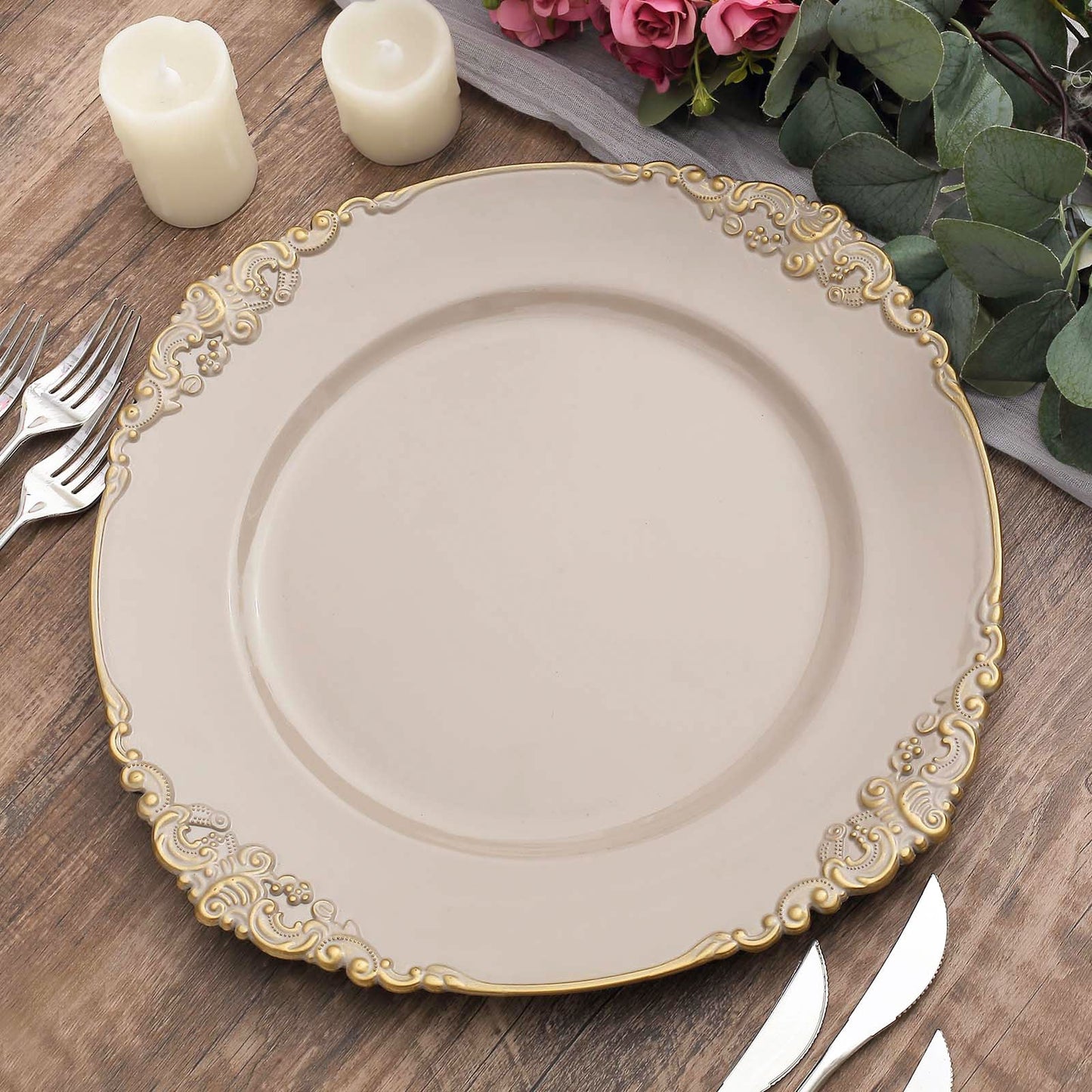 6 Pack Of Nude Taupe Acrylic Charger Plates In Gold Embossed Rim