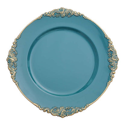 Peacock Teal Acrylic Charger Plates With Embossed Gold Rim 13 Inch Size 6 Pack#whtbkgd