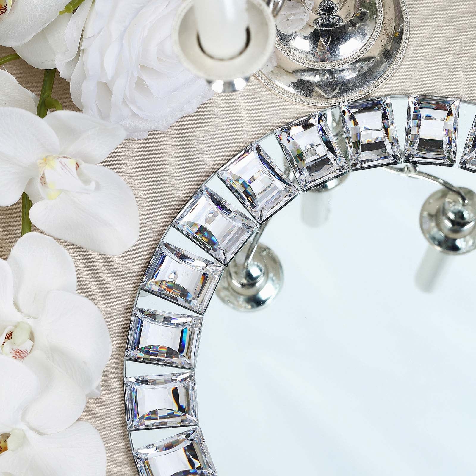 13" Silver Jeweled Rim Glass Mirror Charger Plates with elegant design.