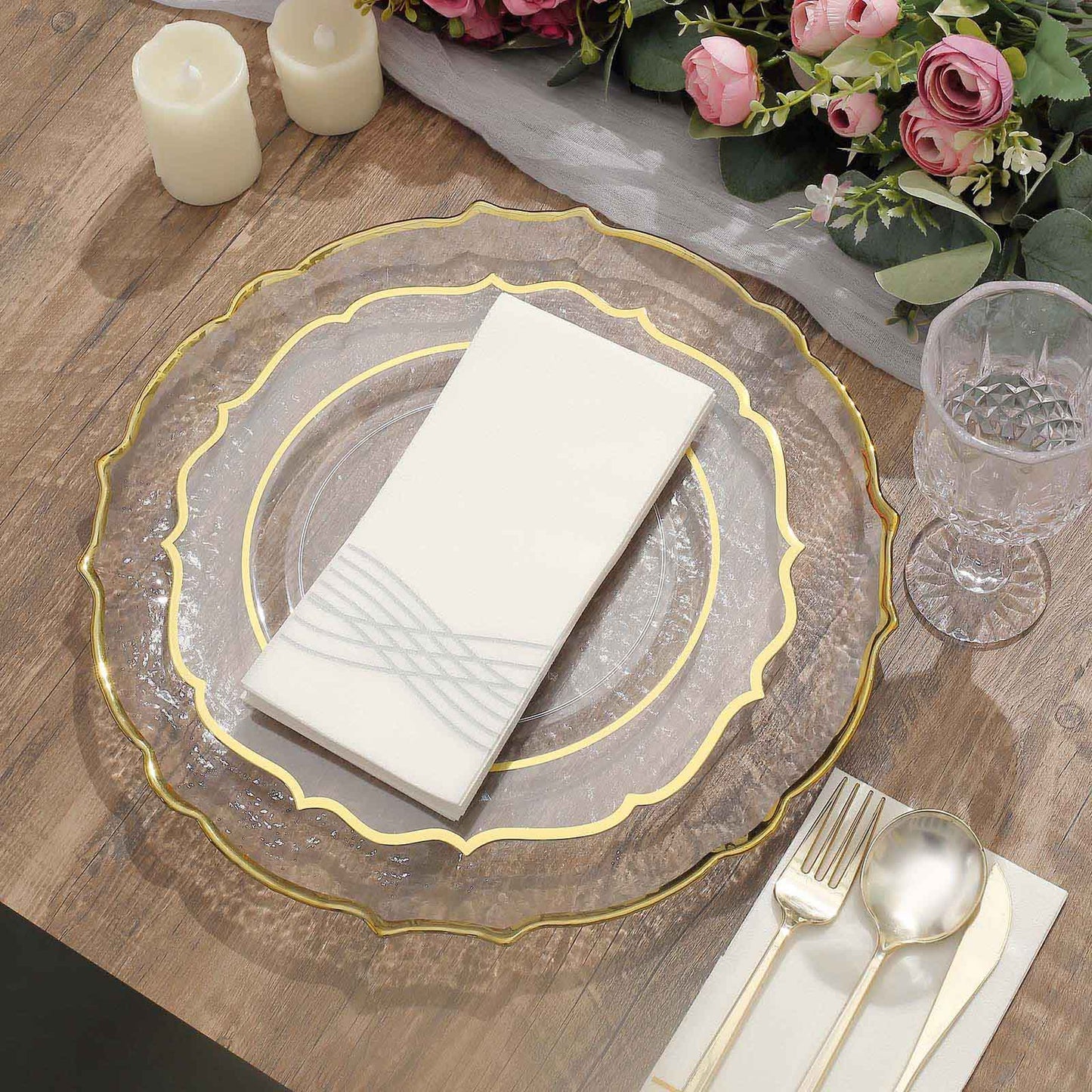 Glass Charger Plates With Gold Color Sunflower Design And Scalloped Rim 13 Inch 8 Pack