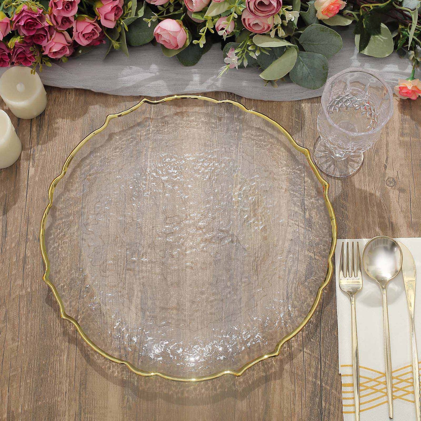 8 Pack Of Glass Charger Plates Gold Scalloped Rim Sunflower Design 13 Inch