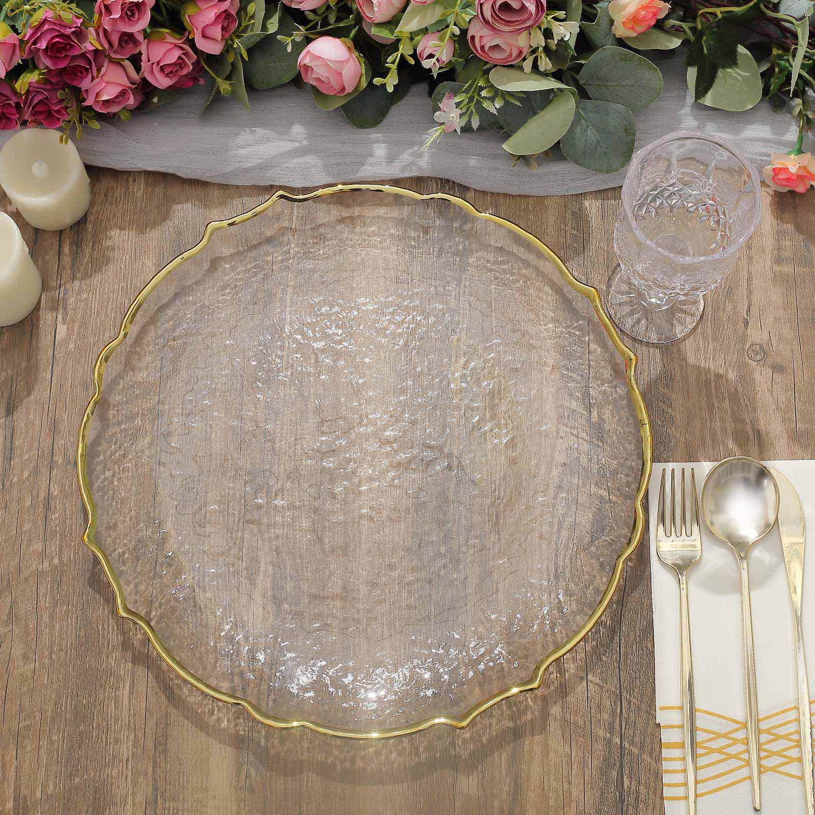 8 Pack Of Glass Charger Plates Gold Scalloped Rim Sunflower Design 13 Inch