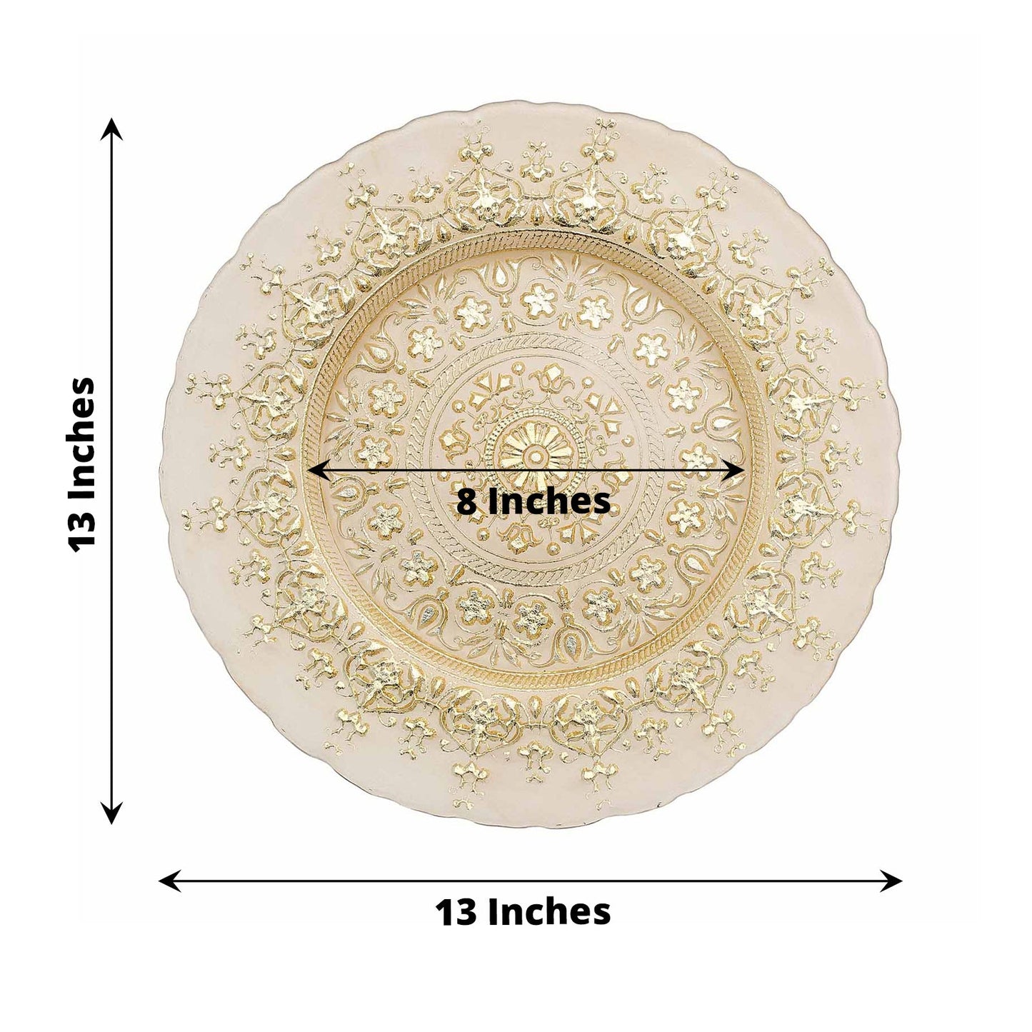 Gold ornate serving plate, 13 inches, elegant dinner charger tray.