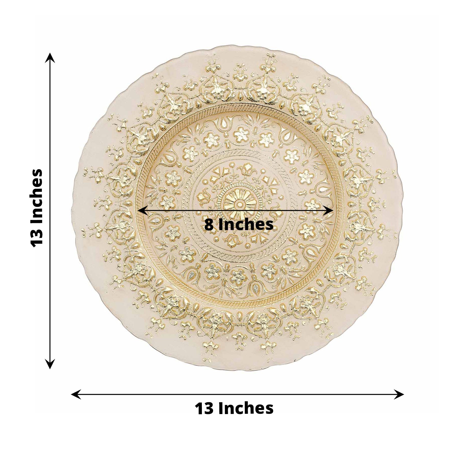 Gold ornate serving plate, 13 inches, elegant dinner charger tray.