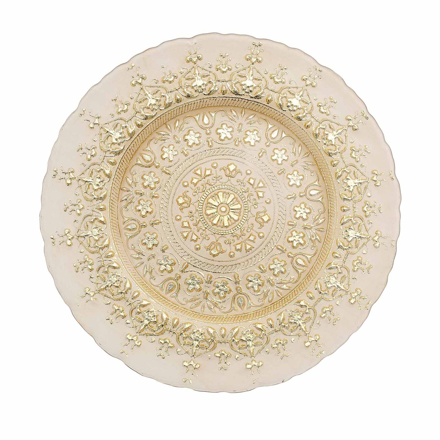 Gold ornate glass serving plate with intricate design.