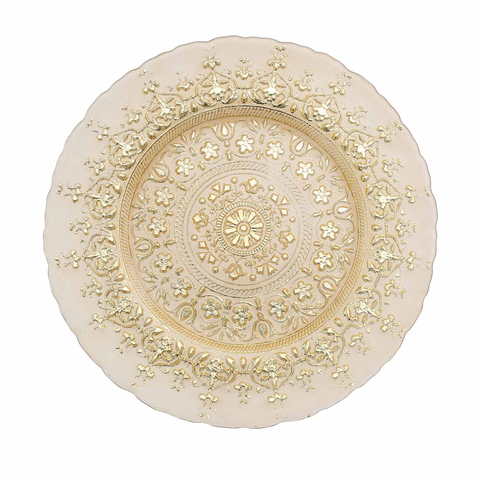 Gold ornate glass serving plate with intricate design.