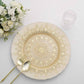 Gold ornate glass serving plate with intricate design.