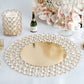 Gold beaded charger plate with acrylic crystals and metal accents.