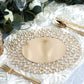 Gold beaded charger plate with acrylic crystals on a decorative table setting.