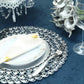 14" Silver Beaded Charger Plate on a blue table setting.