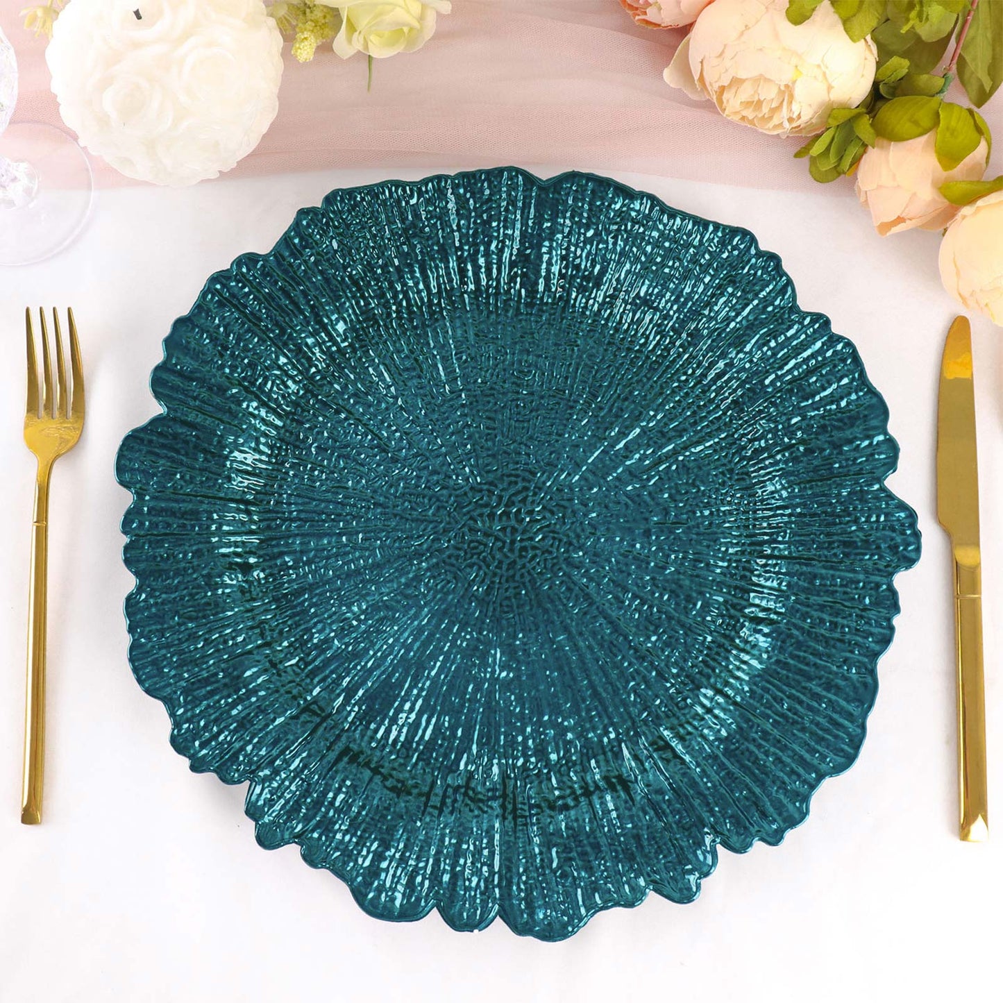 6 Pack | 13" Peacock Teal Round Reef Acrylic Plastic Charger Plates, Dinner Charger Plates