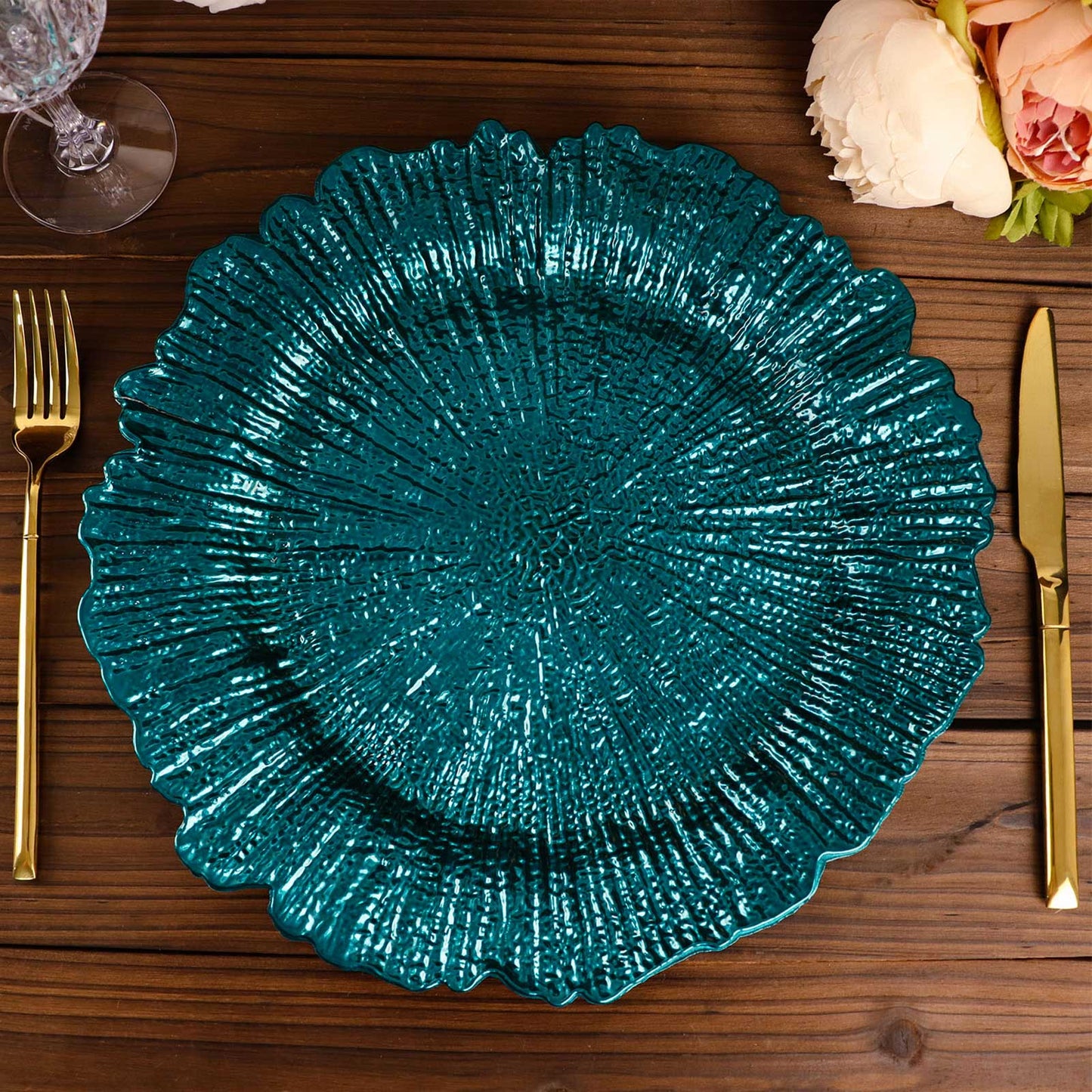 Round 13 Inch Peacock Teal Charger Plates With Reef Design Set of 6