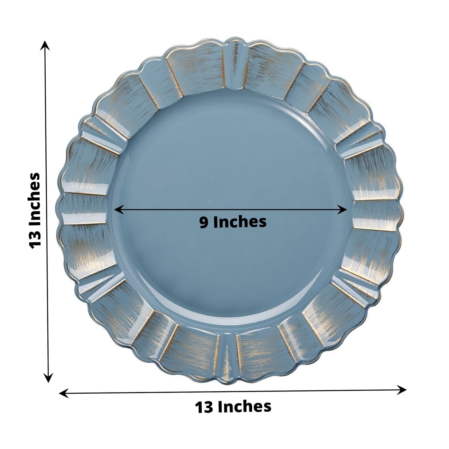 6 Pack | 13inch Round Dusty Blue Acrylic Plastic Charger Plates With Gold Brushed Wavy Scalloped Rim