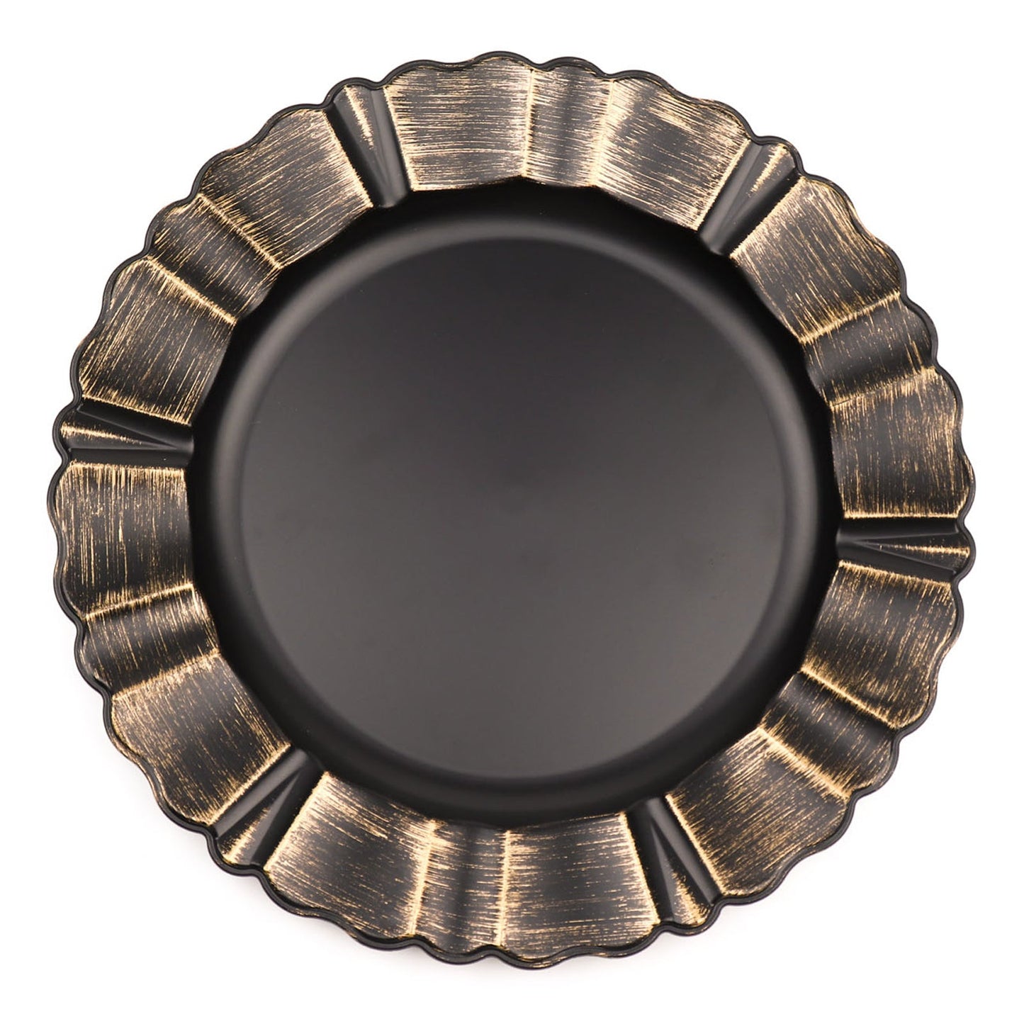 6 Pack of 13 Inch Matte Black Round Acrylic Charger Plates with Gold Brushed Wavy Scalloped Rim Design#whtbkgd