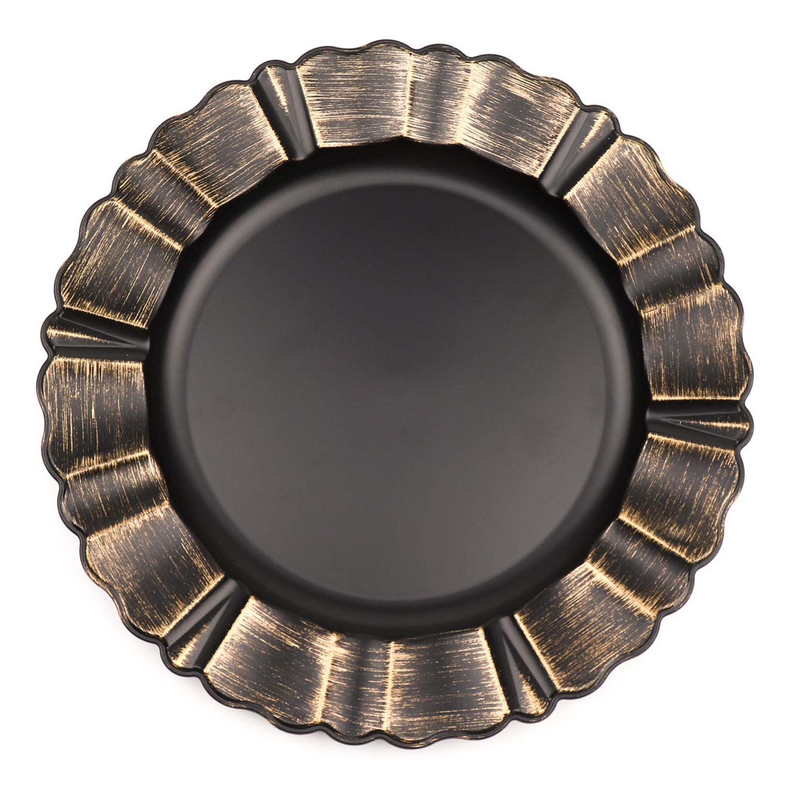 6 Pack of 13 Inch Matte Black Round Acrylic Charger Plates with Gold Brushed Wavy Scalloped Rim Design#whtbkgd