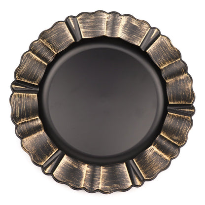 6 Pack of 13 Inch Matte Black Round Acrylic Charger Plates with Gold Brushed Wavy Scalloped Rim Design#whtbkgd