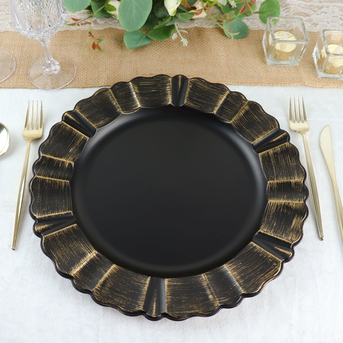 6 Pack | 13" Round Matte Black Acrylic Plastic Charger Plates With Gold Brushed Wavy Scalloped Rim