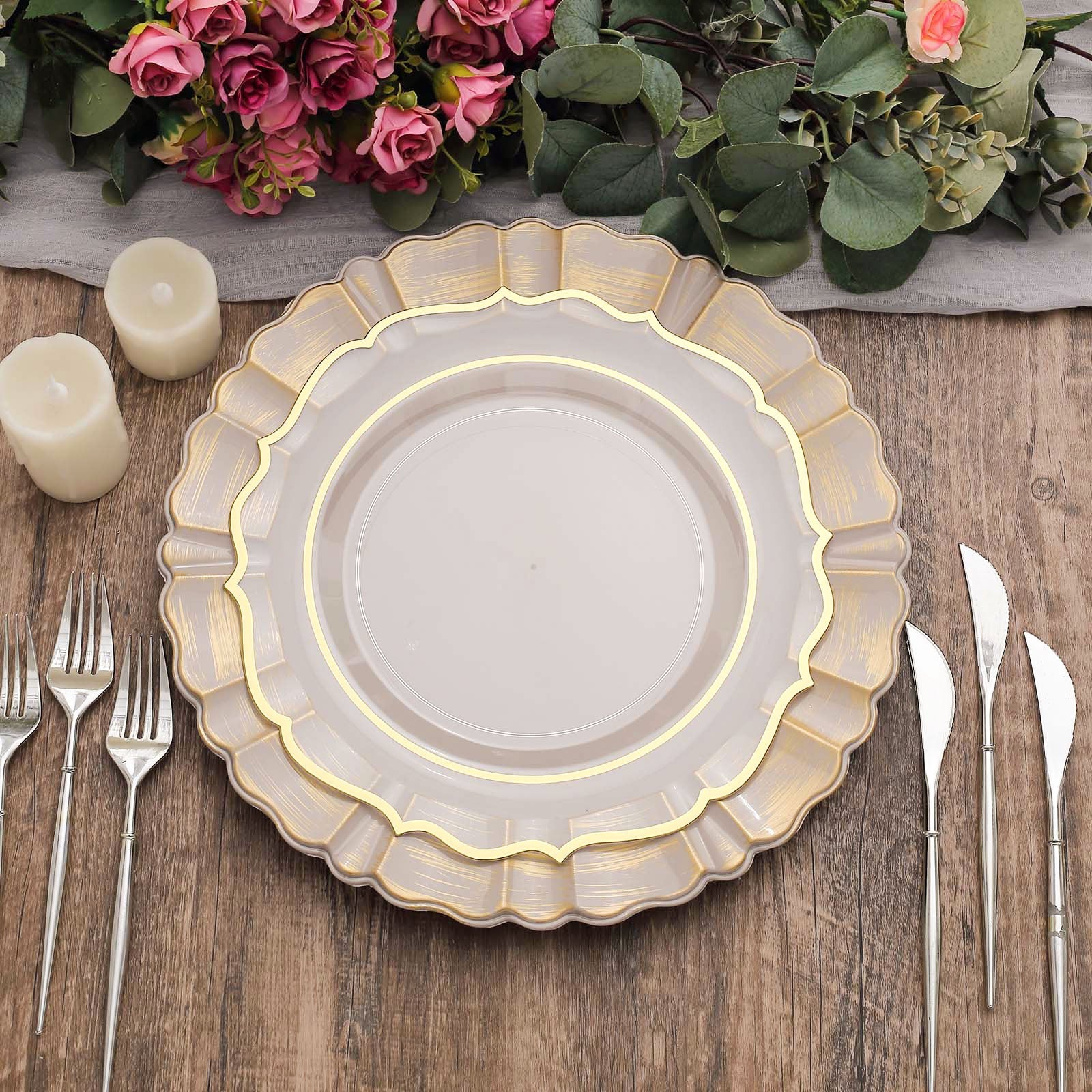6 Pack Round Nude Taupe Charger Plates With 13 Inch Gold Brushed Wavy Rim