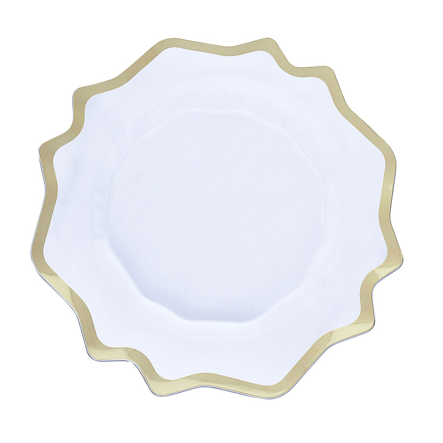 Round Dinner Charger Plates 6 Pack Clear Plastic Acrylic with Scalloped Edge in Gold 13 Inch #whtbkgd
