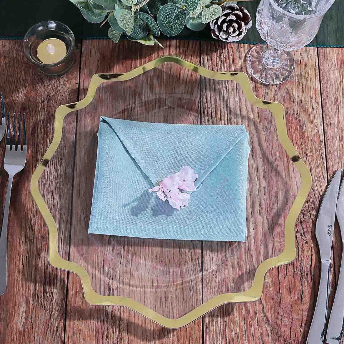 6 Pack | 13" Gold Scalloped Edge Clear Acrylic Plastic Charger Plates, Round Dinner Charger Plates