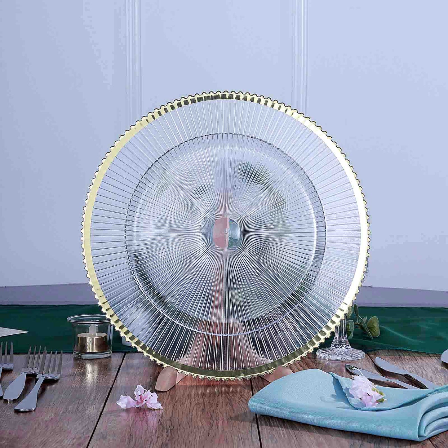 Clear wavy gold rim acrylic charger plate, 13 inches, round design.