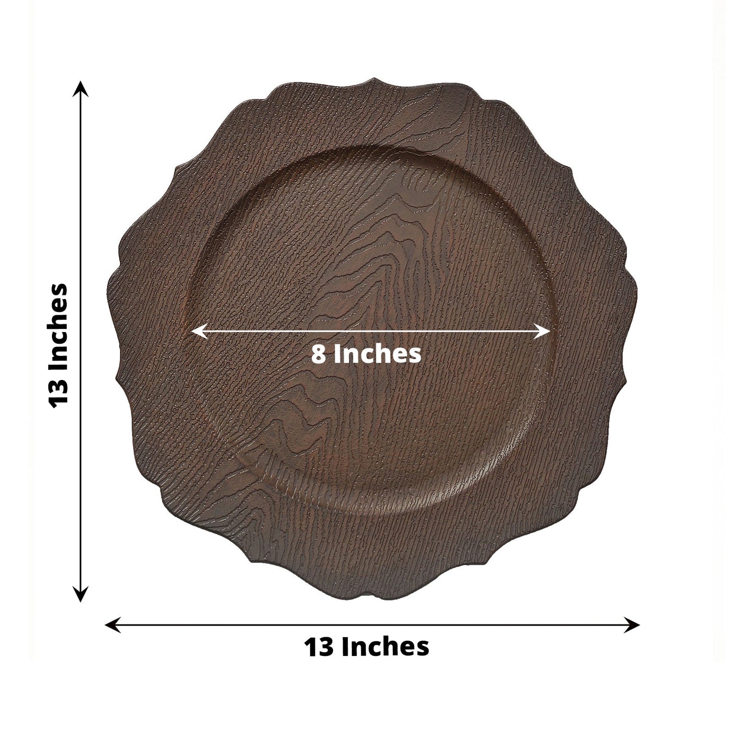 6 Pack | 13inch Rustic Brown Embossed Wood Grain Acrylic Charger Plates with Scalloped Rim