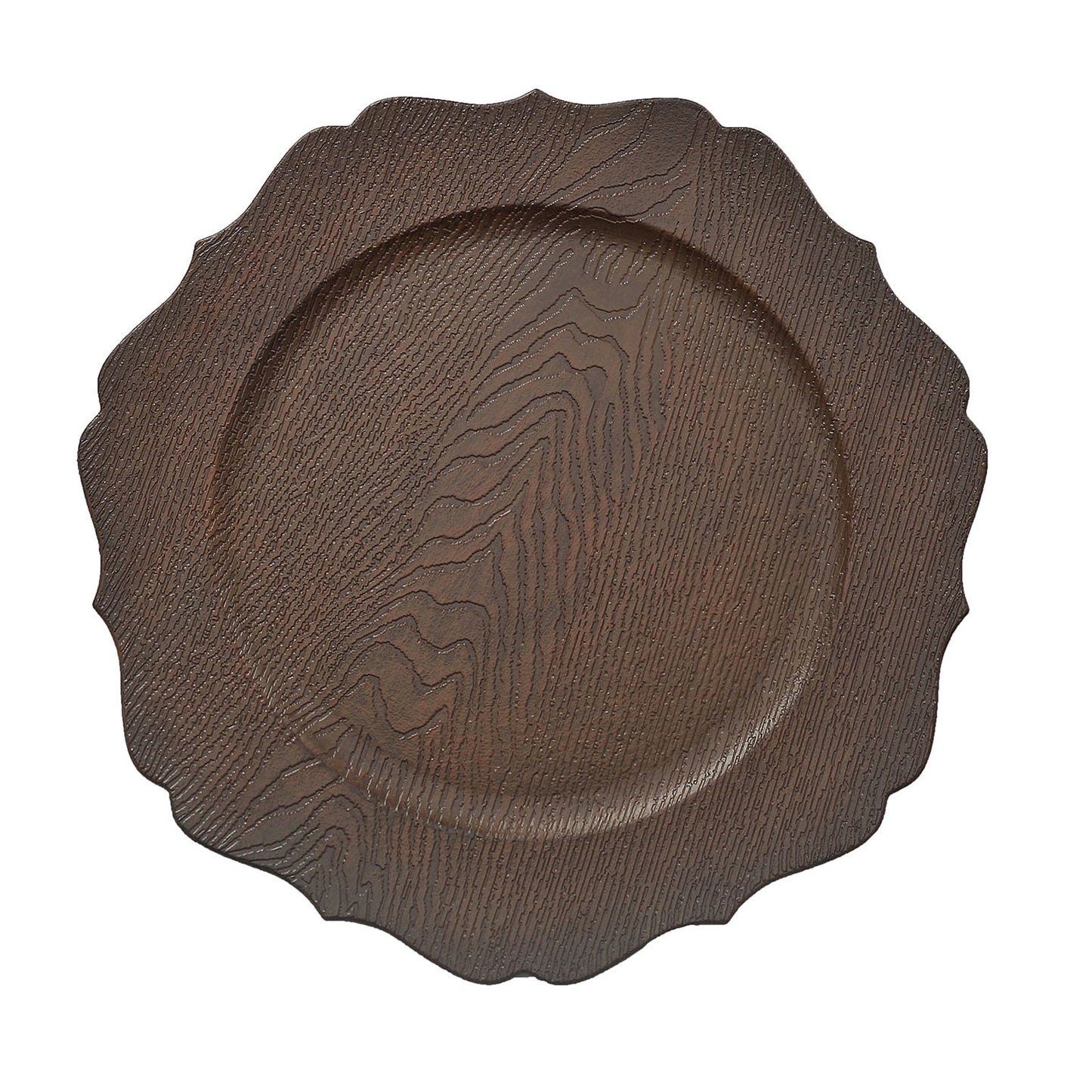6 Pack | 13inch Rustic Brown Embossed Wood Grain Acrylic Charger Plates with Scalloped Rim#whtbkgd