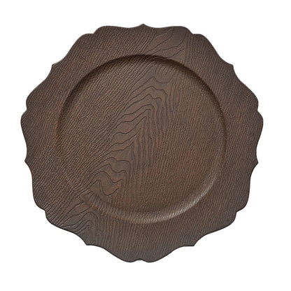 6 Pack | 13inch Rustic Brown Embossed Wood Grain Acrylic Charger Plates with Scalloped Rim#whtbkgd