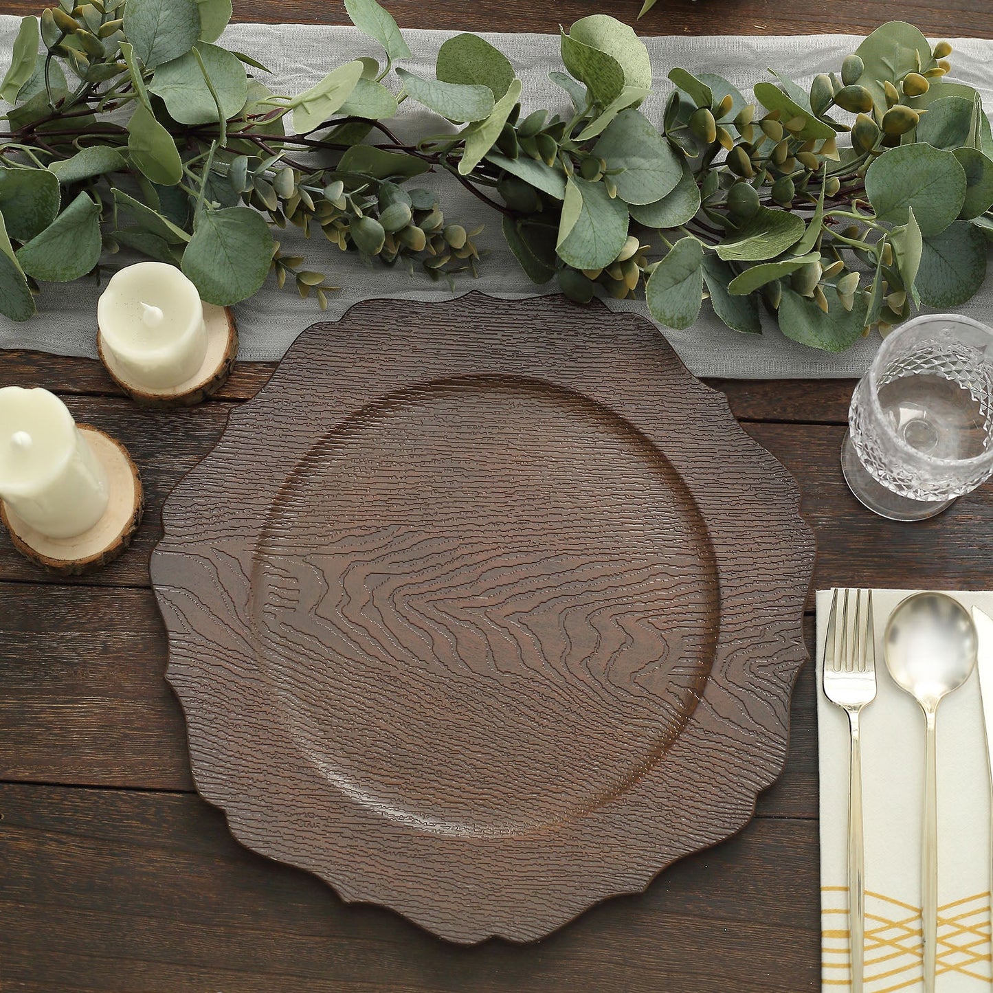 6 Pack | 13" Rustic Brown Embossed Wood Grain Acrylic Charger Plates with Scalloped Rim