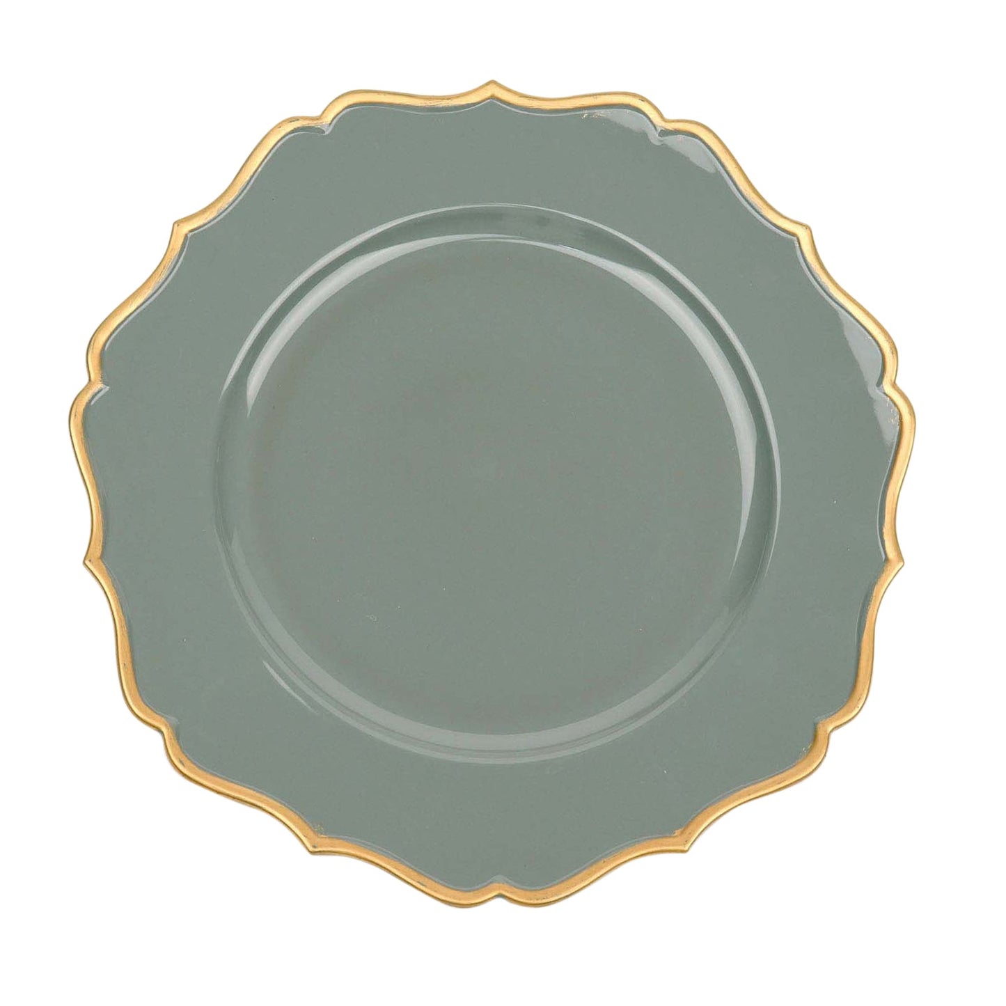 Olive Green Gold Scalloped Rim Round Plastic Charger Plates 13 Inch 6 Pack#whtbkgd
